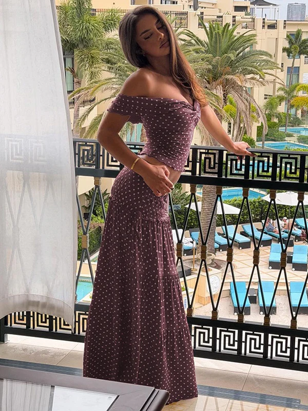 Two-piece Set: Raglan Strapless Top With Polka Dot Side Bow And Long Skirt - Image 15