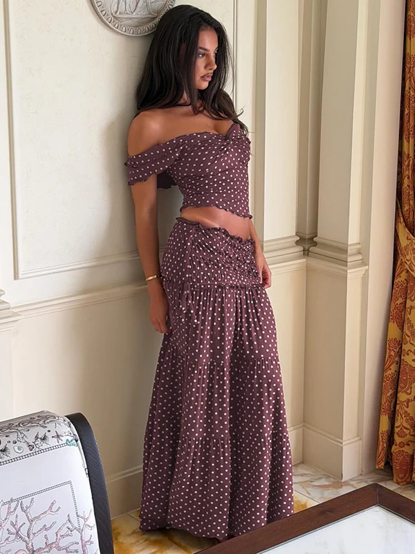 Two-piece Set: Raglan Strapless Top With Polka Dot Side Bow And Long Skirt - Image 17