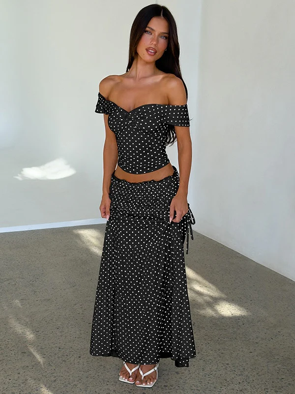 Two-piece Set: Raglan Strapless Top With Polka Dot Side Bow And Long Skirt - Image 21