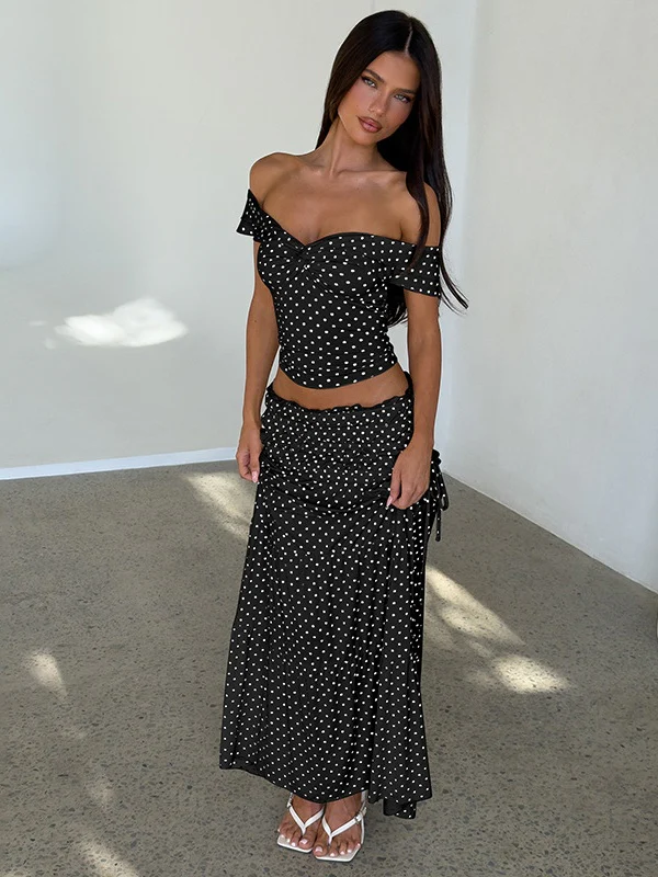 Two-piece Set: Raglan Strapless Top With Polka Dot Side Bow And Long Skirt - Image 22
