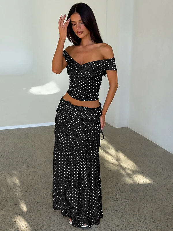 Two-piece Set: Raglan Strapless Top With Polka Dot Side Bow And Long Skirt - Image 23