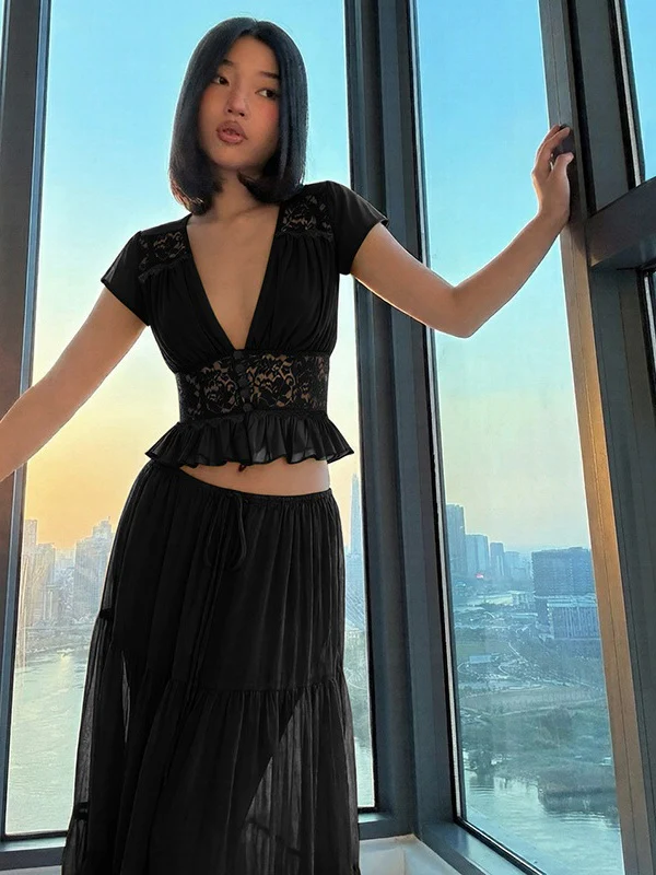 Silk Chiffon Cardigan T-shirt Loose See-through Long Dress With Tie - Image 12