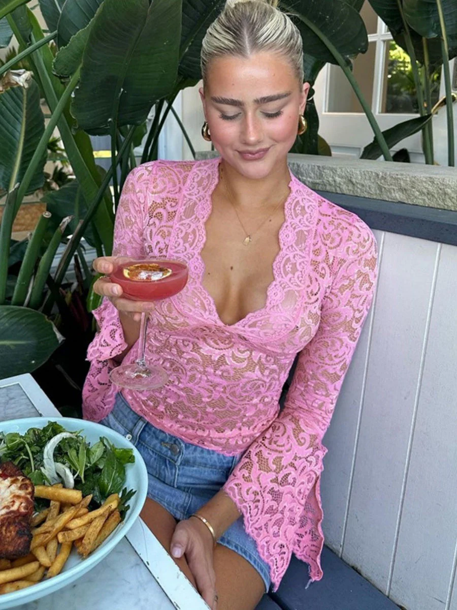 Sexy Deep V Slim Fit Short Navel Trim Long Sleeve Lace Top - Image 9
