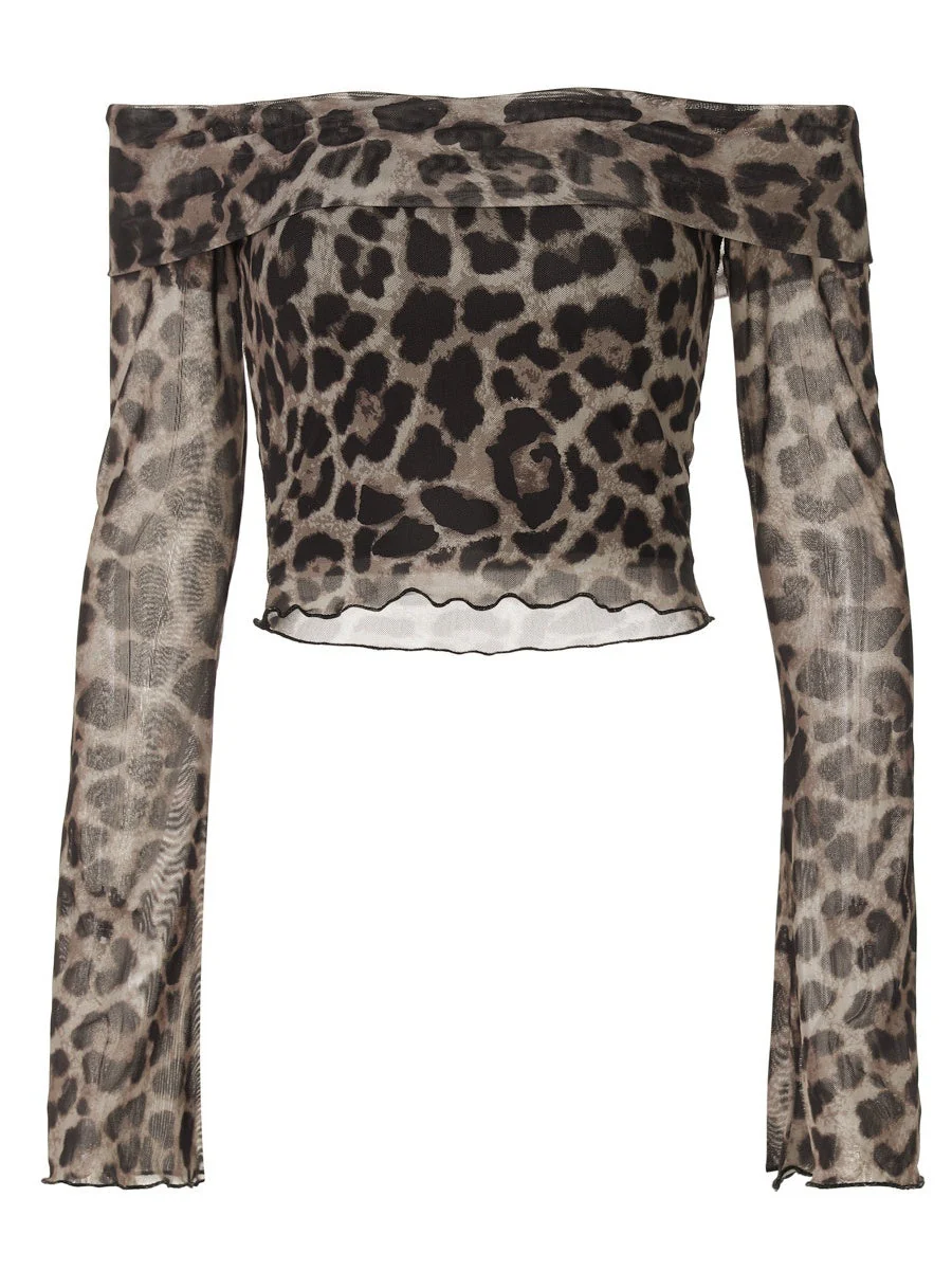 Sexy Off Shoulder Long Sleeve Navel Leopard Print Sexy Top - Image 5