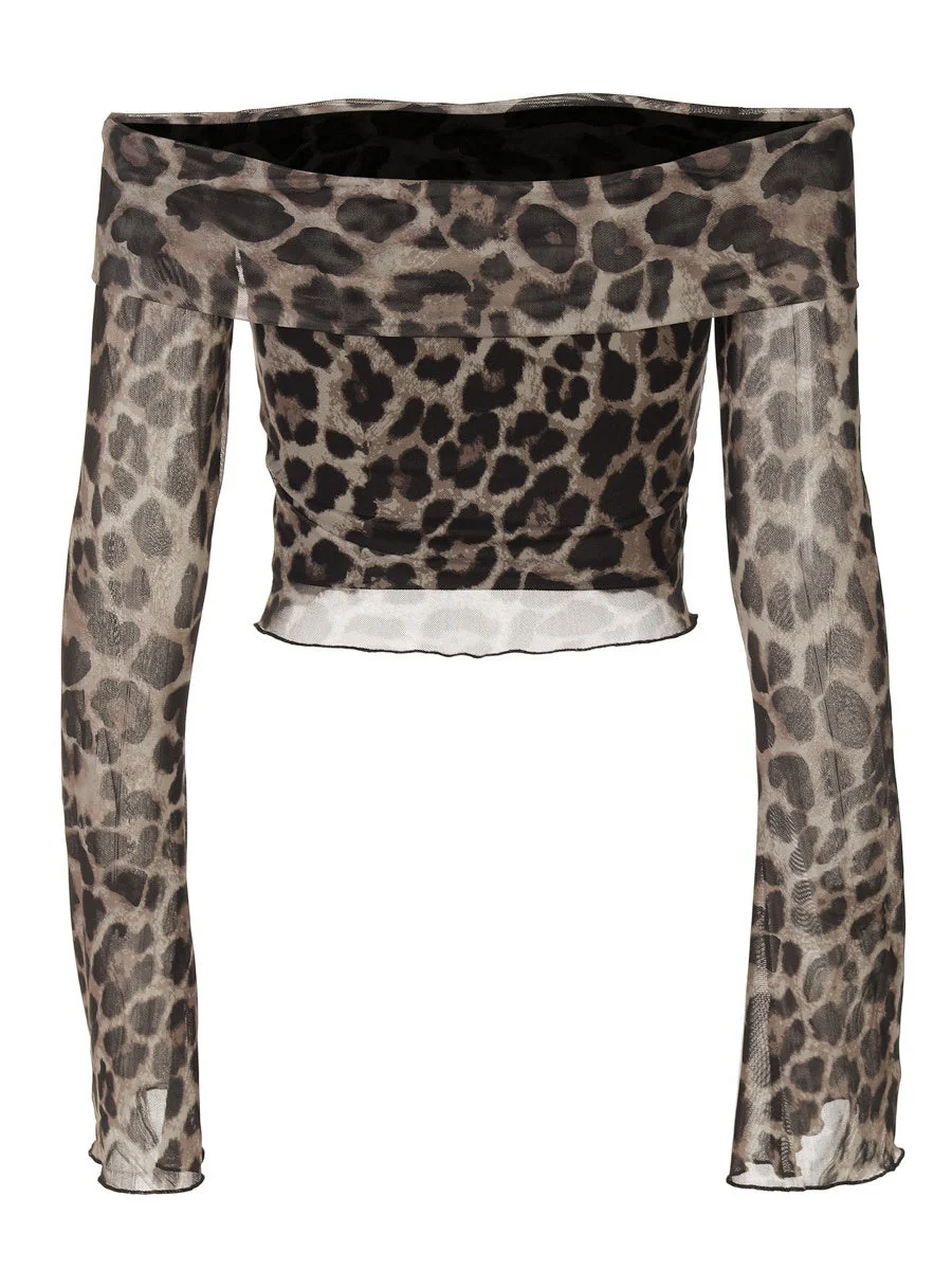 Sexy Off Shoulder Long Sleeve Navel Leopard Print Sexy Top - Image 6