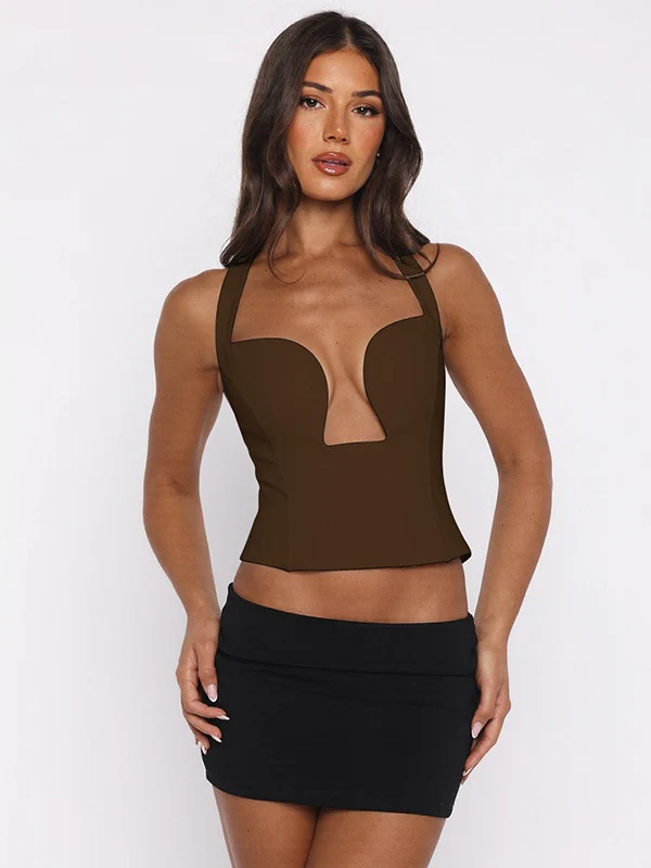 Hollow-out Bralette With Underwire, Tight-fitting Solid Color Halter Neck Double-layer Vest - Image 17