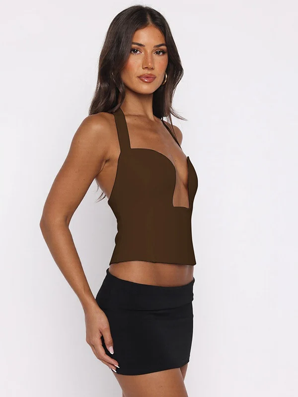 Hollow-out Bralette With Underwire, Tight-fitting Solid Color Halter Neck Double-layer Vest - Image 19