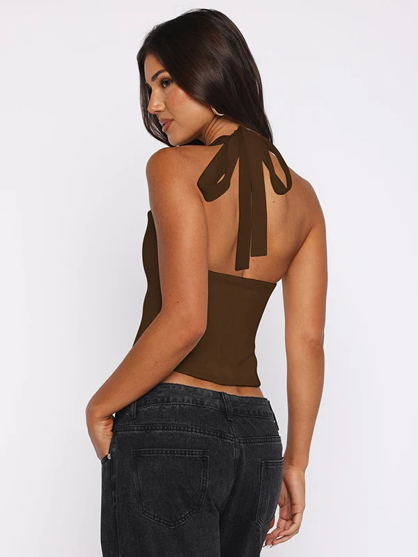 Hollow-out Bralette With Underwire, Tight-fitting Solid Color Halter Neck Double-layer Vest - Image 20
