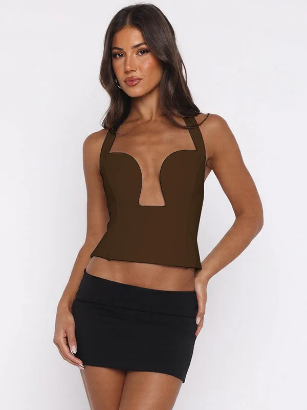 Hollow-out Bralette With Underwire, Tight-fitting Solid Color Halter Neck Double-layer Vest - Image 21