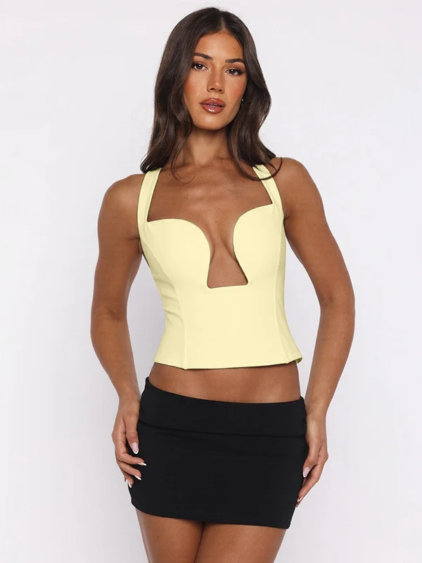 Hollow-out Bralette With Underwire, Tight-fitting Solid Color Halter Neck Double-layer Vest - Image 23
