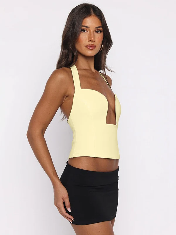 Hollow-out Bralette With Underwire, Tight-fitting Solid Color Halter Neck Double-layer Vest - Image 24