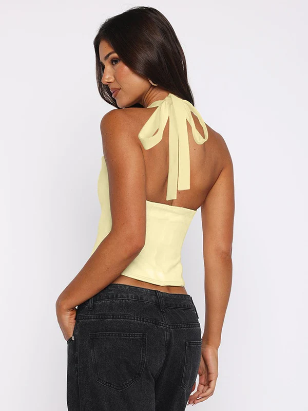 Hollow-out Bralette With Underwire, Tight-fitting Solid Color Halter Neck Double-layer Vest - Image 25