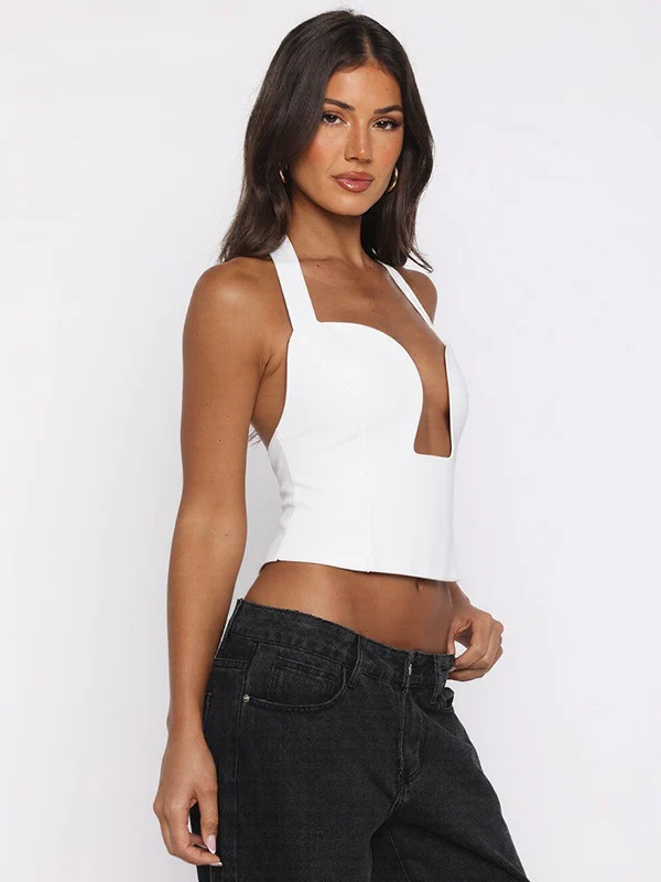 Hollow-out Bralette With Underwire, Tight-fitting Solid Color Halter Neck Double-layer Vest - Image 5