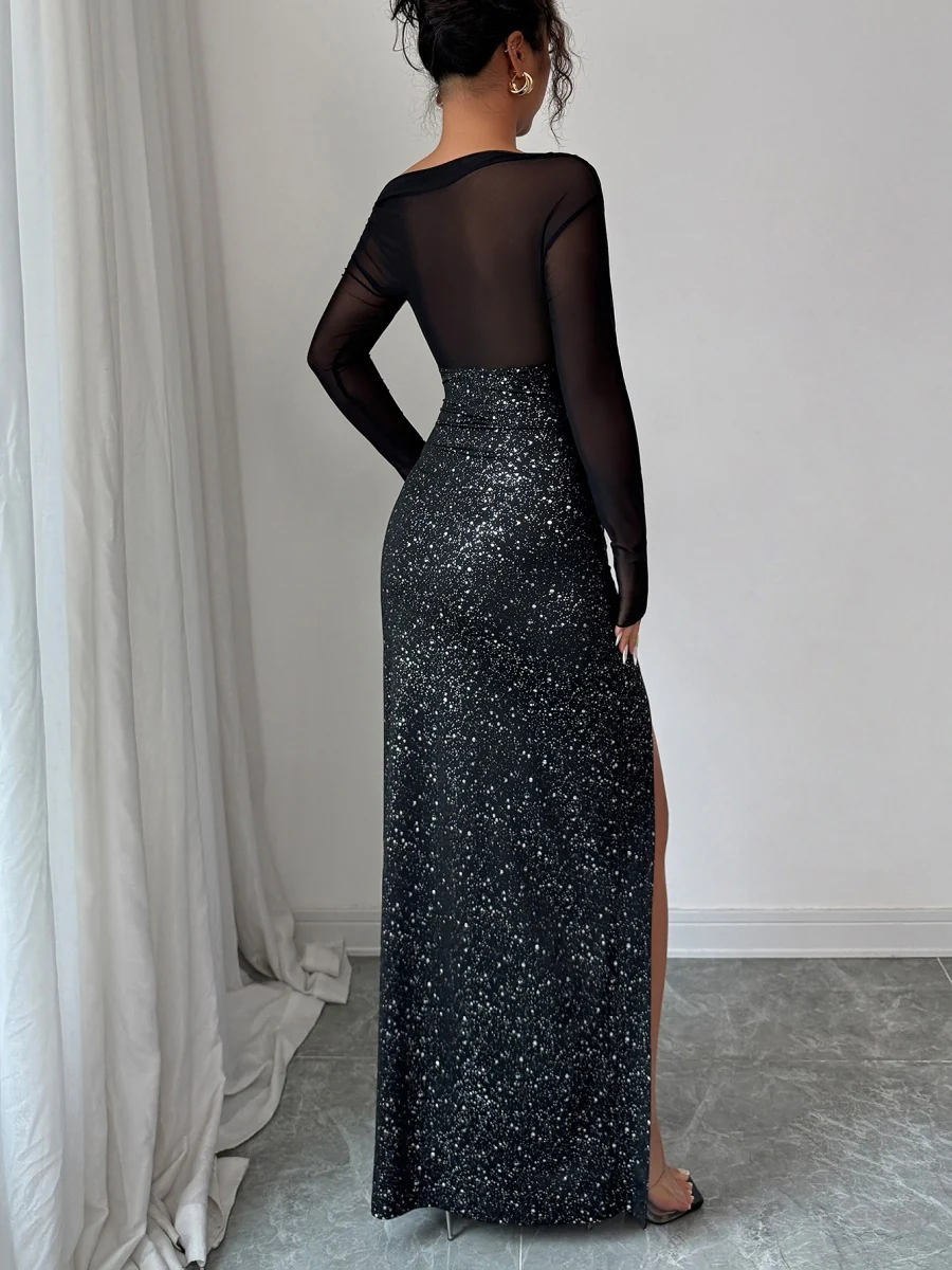 Sequins Sloping Shoulders Slit Sexy Formal Dress Maxi Dresses - Image 5