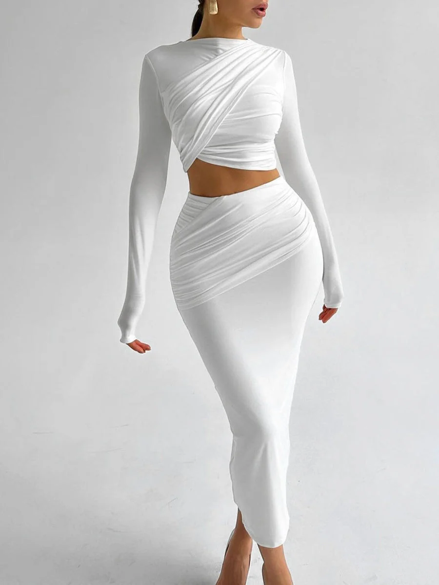 Liber Autumn Women's Navel Solid Color 2-piece Sets