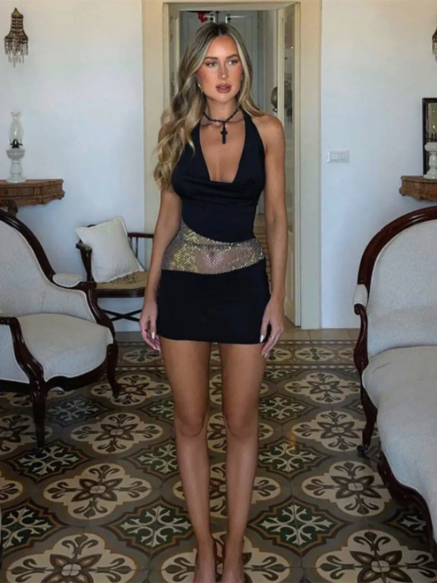 Backless Draped Collar Sparkling Mesh Splicing Halter Mini&Short Dresses - Image 4