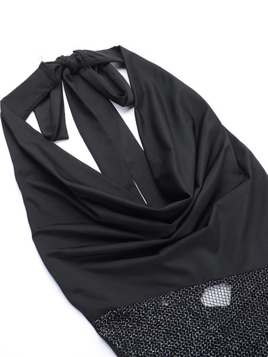 Backless Draped Collar Sparkling Mesh Splicing Halter Mini&Short Dresses - Image 8
