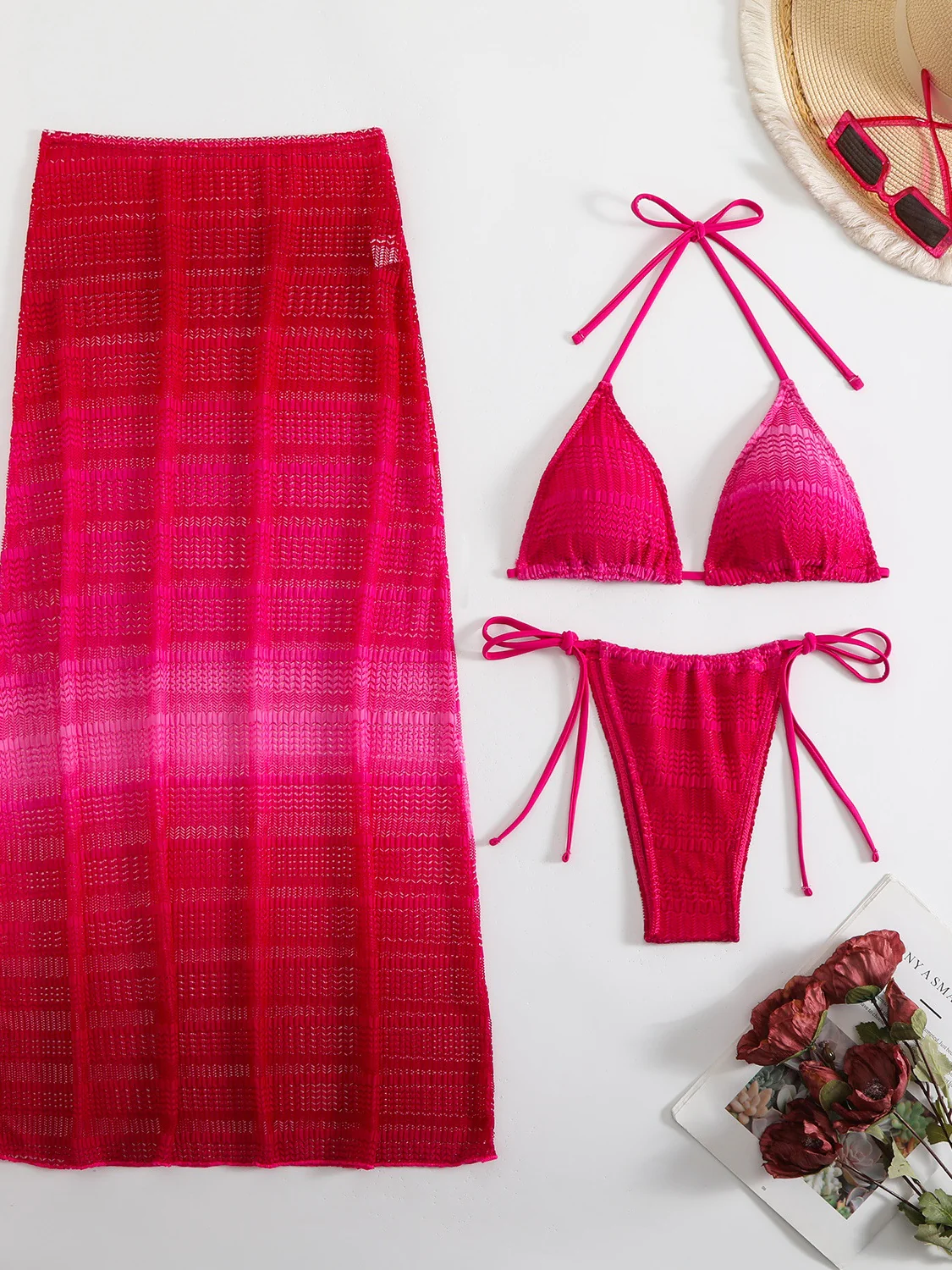 Gradient Mesh Bikini Beach Maxi Dress Three-piece Set - Image 7