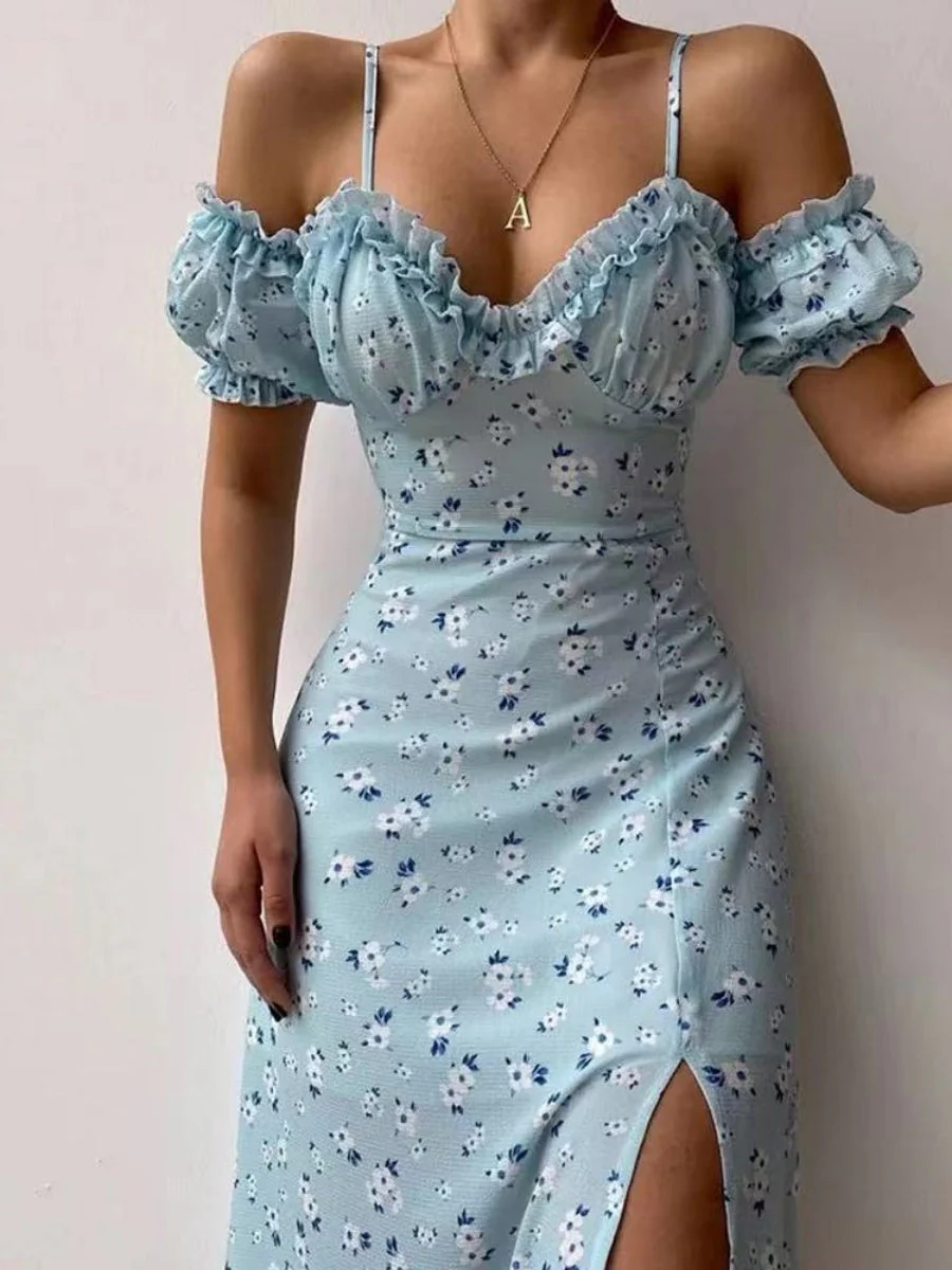 Floral Off-shoulder Slit Maxi Dresses
