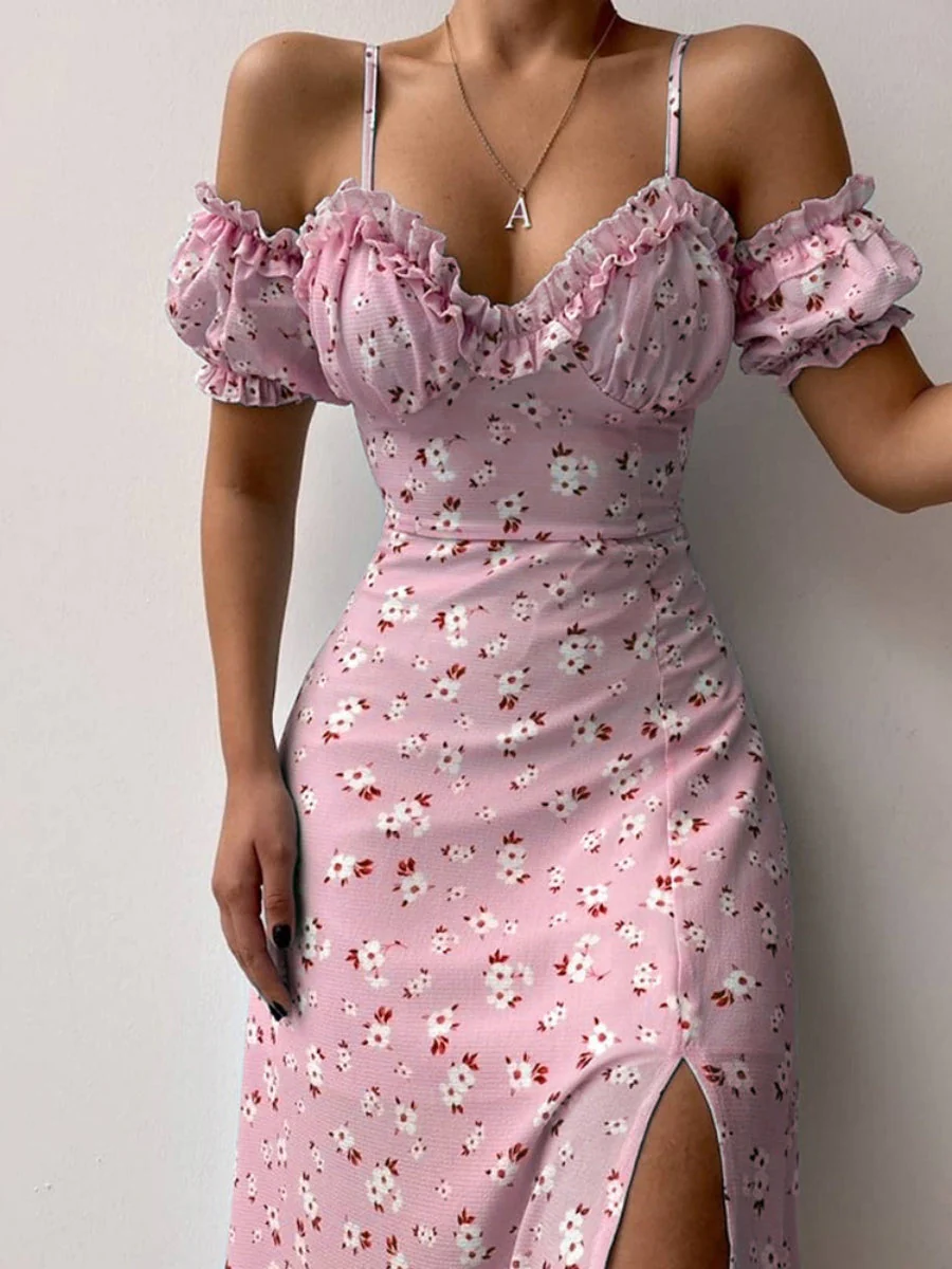 Floral Off-shoulder Slit Maxi Dresses - Image 3