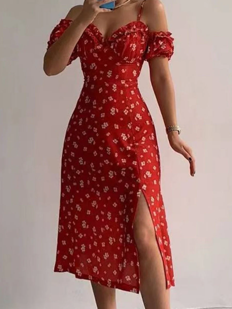 Floral Off-shoulder Slit Maxi Dresses - Image 4