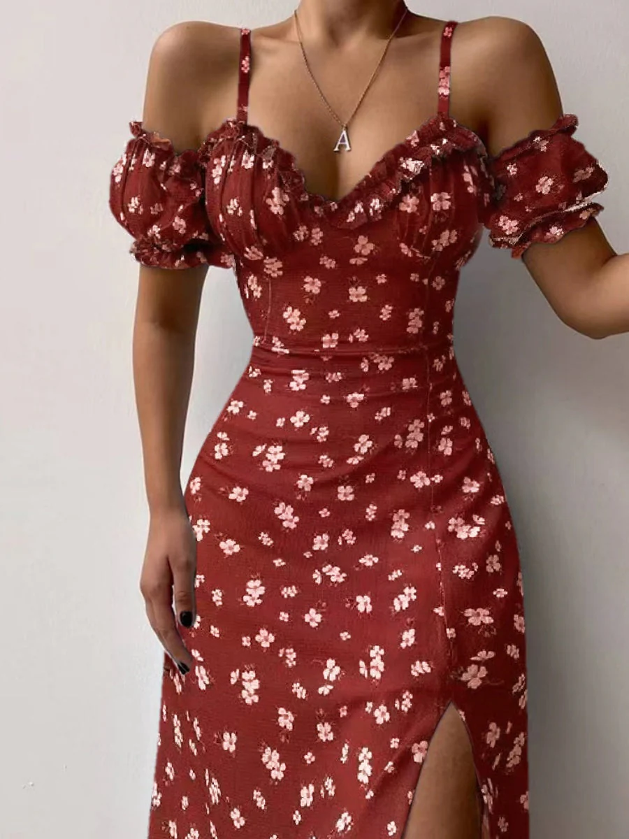 Floral Off-shoulder Slit Maxi Dresses - Image 6
