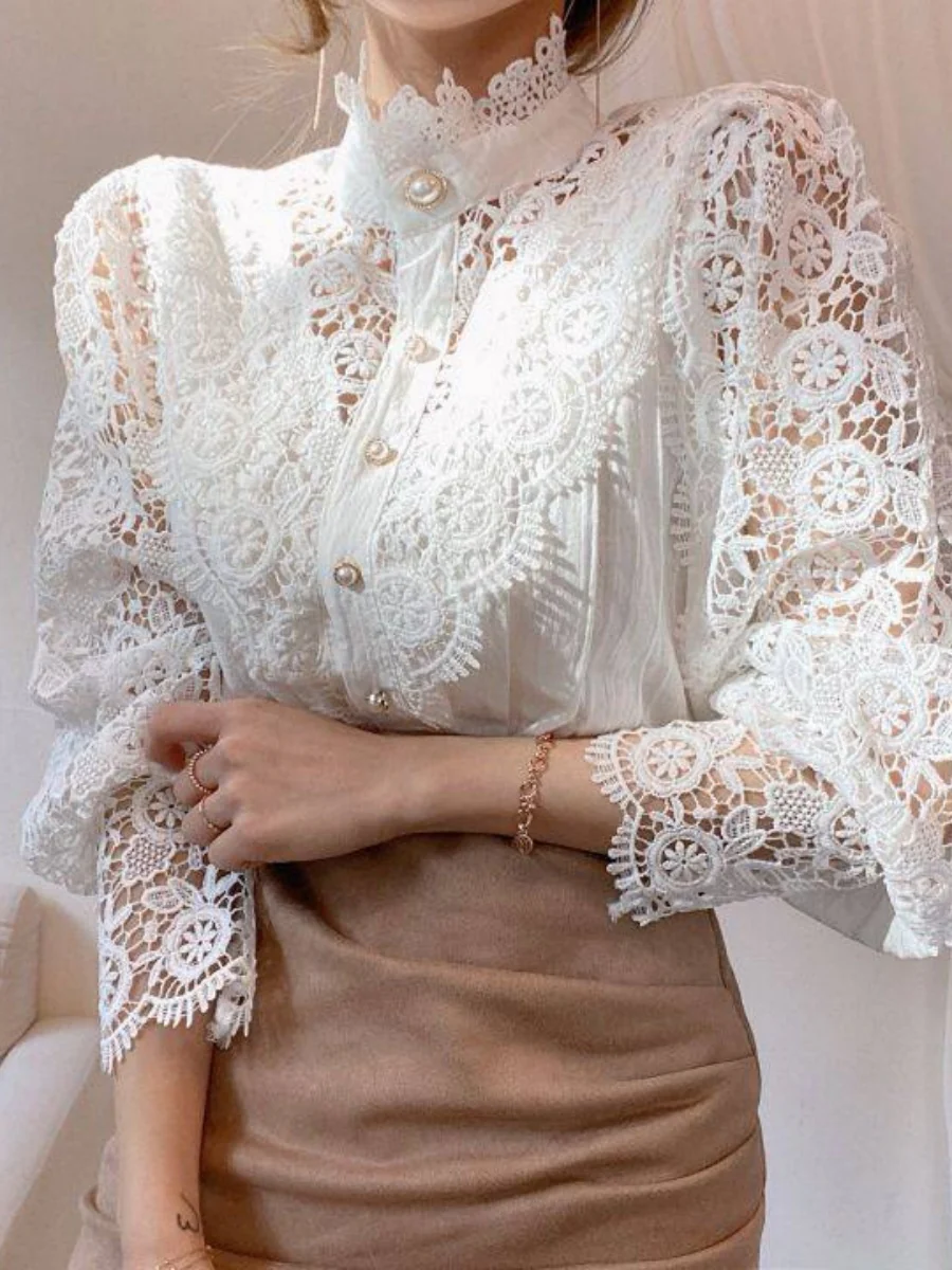Button-up Lace Openwork Floral Patchwork Shirt - Image 11
