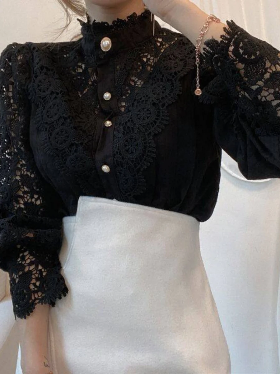 Button-up Lace Openwork Floral Patchwork Shirt - Image 12