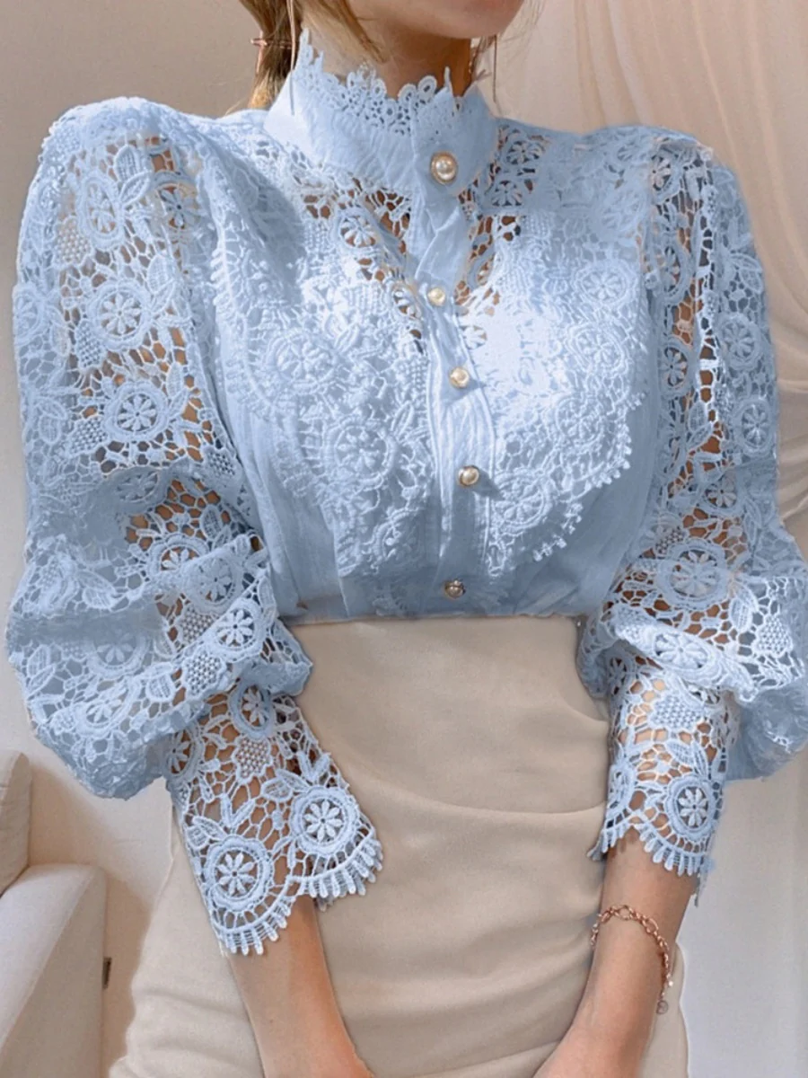 Button-up Lace Openwork Floral Patchwork Shirt - Image 14
