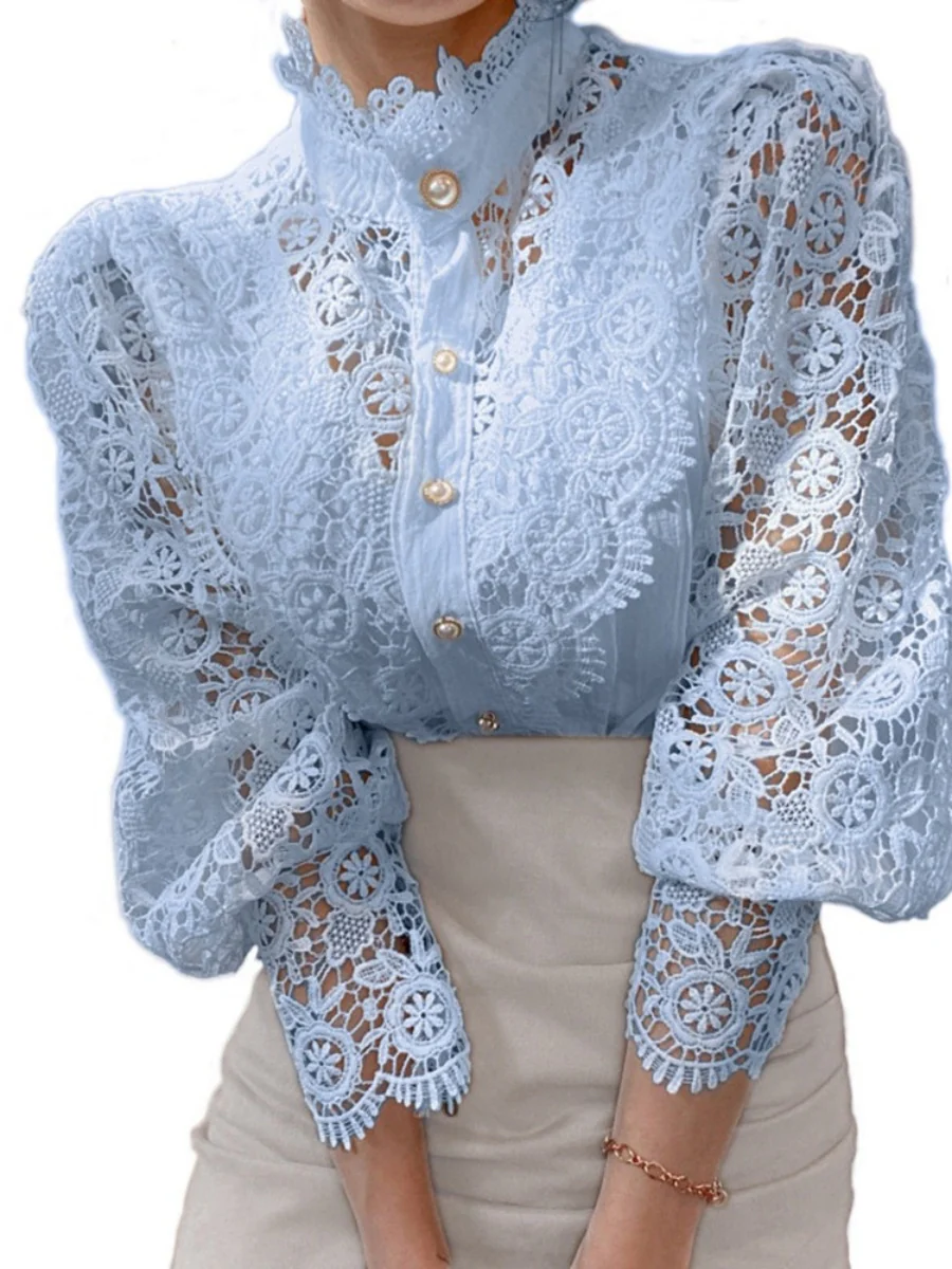 Button-up Lace Openwork Floral Patchwork Shirt - Image 17