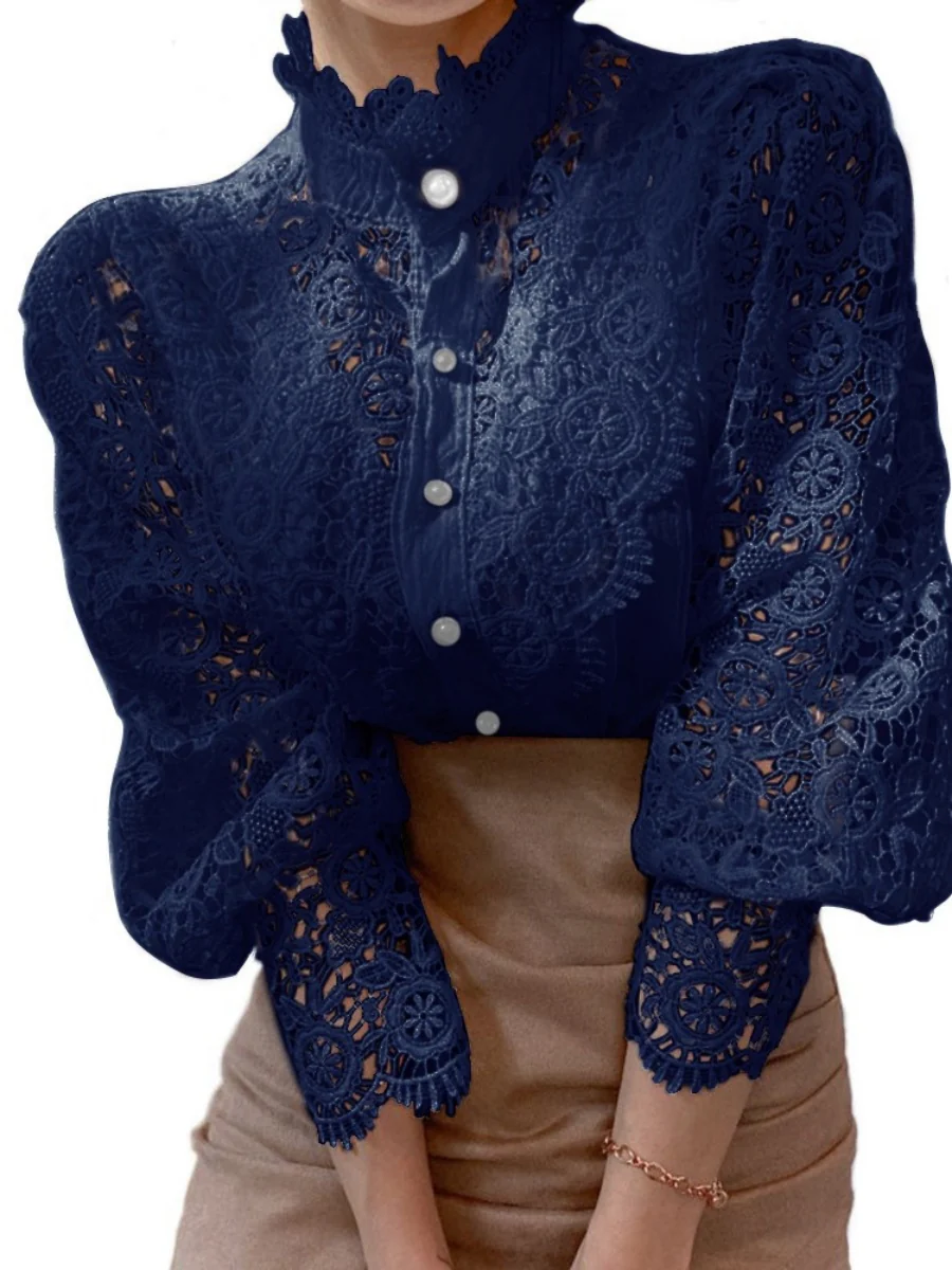 Button-up Lace Openwork Floral Patchwork Shirt - Image 18