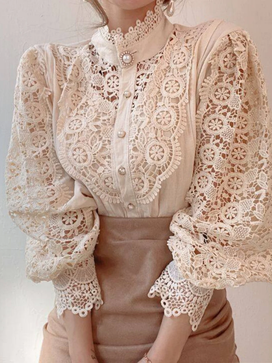Button-up Lace Openwork Floral Patchwork Shirt - Image 3