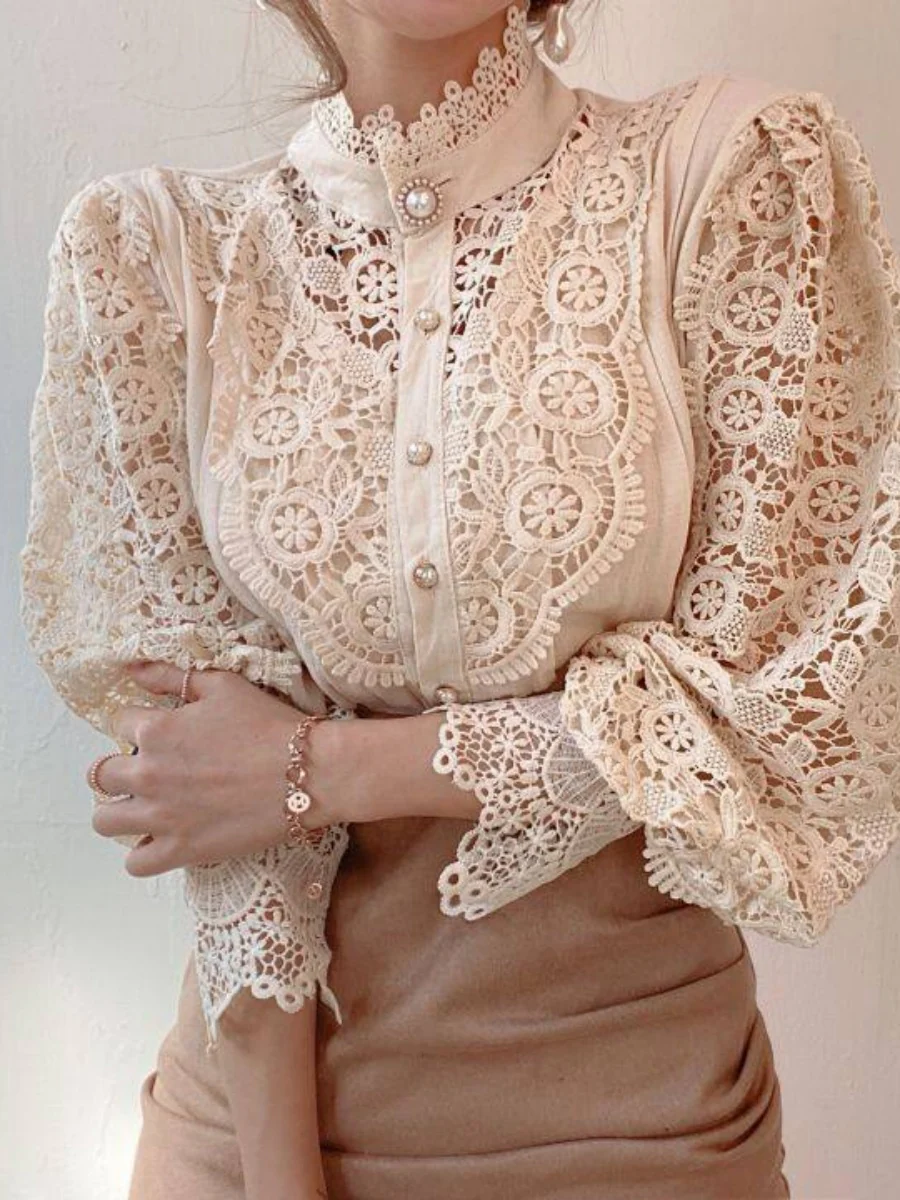 Button-up Lace Openwork Floral Patchwork Shirt - Image 4