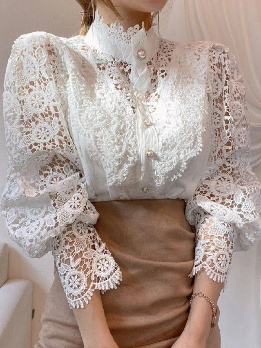 Button-up Lace Openwork Floral Patchwork Shirt - Image 7