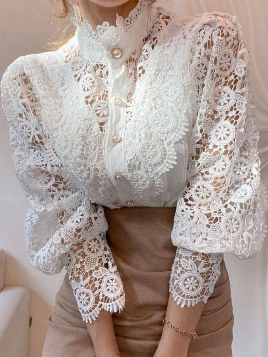 Button-up Lace Openwork Floral Patchwork Shirt - Image 8