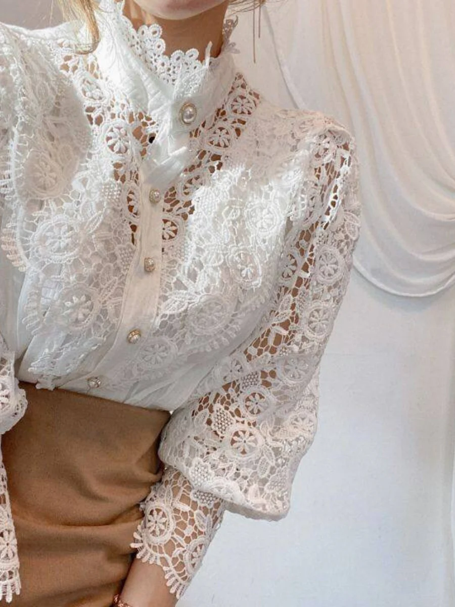 Button-up Lace Openwork Floral Patchwork Shirt - Image 9