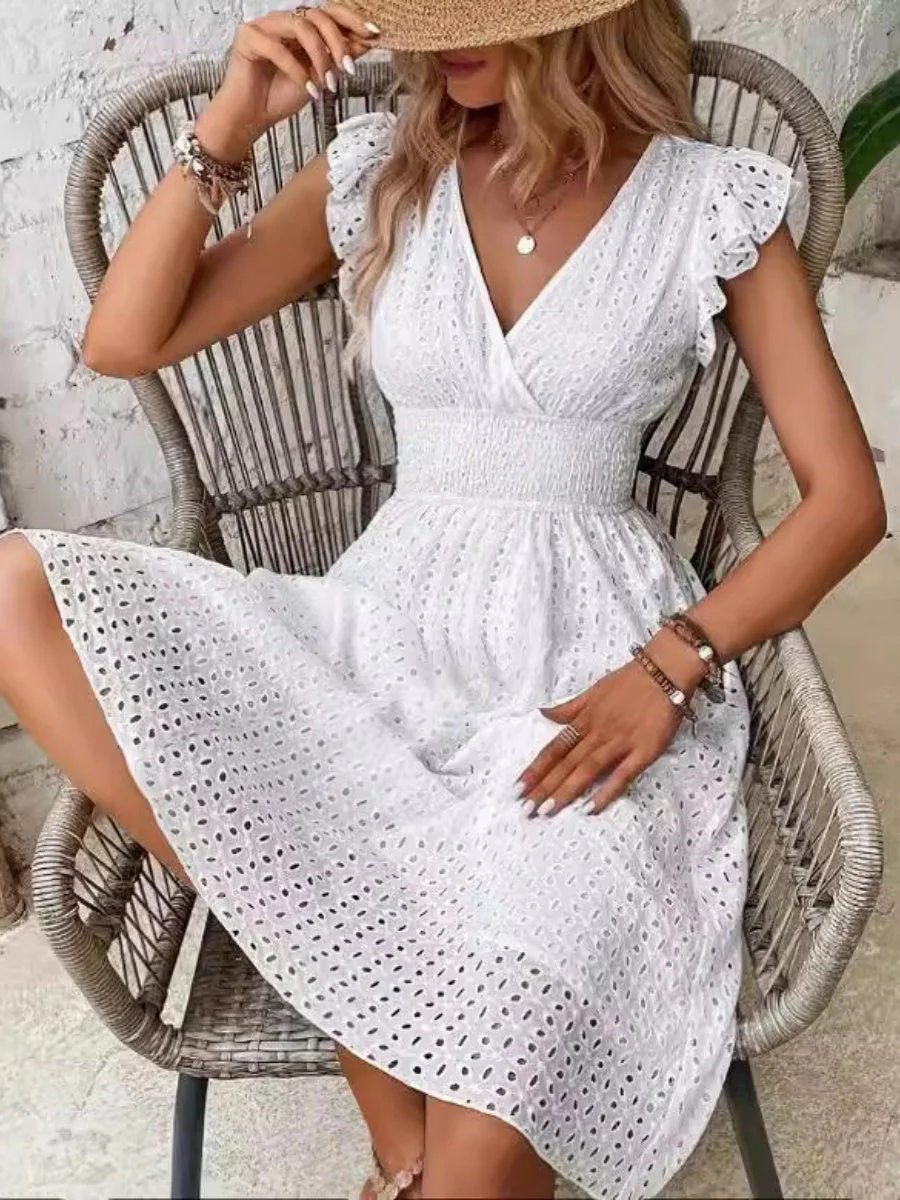 7 Colors Lace Flutter Sleeve V-neck Midi Dress - Image 11