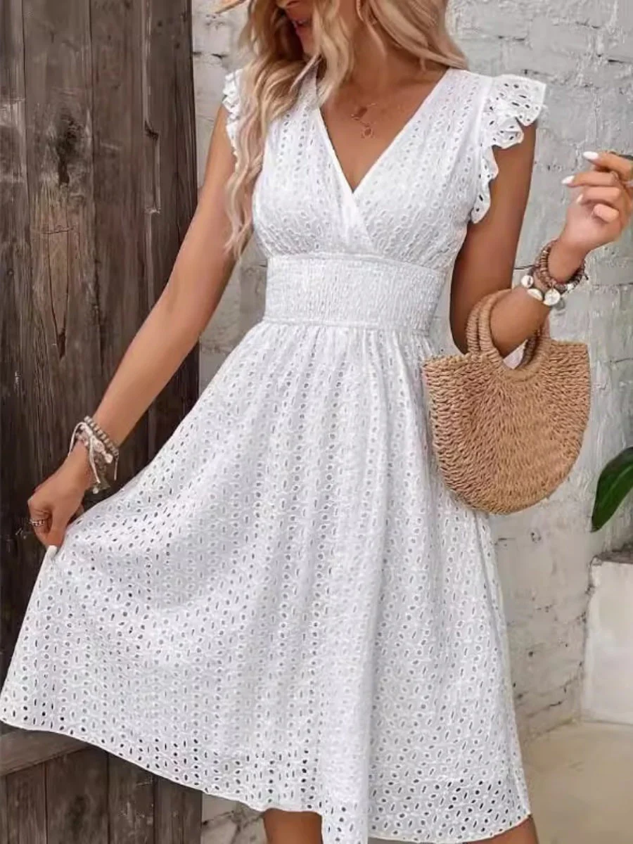 7 Colors Lace Flutter Sleeve V-neck Midi Dress - Image 9