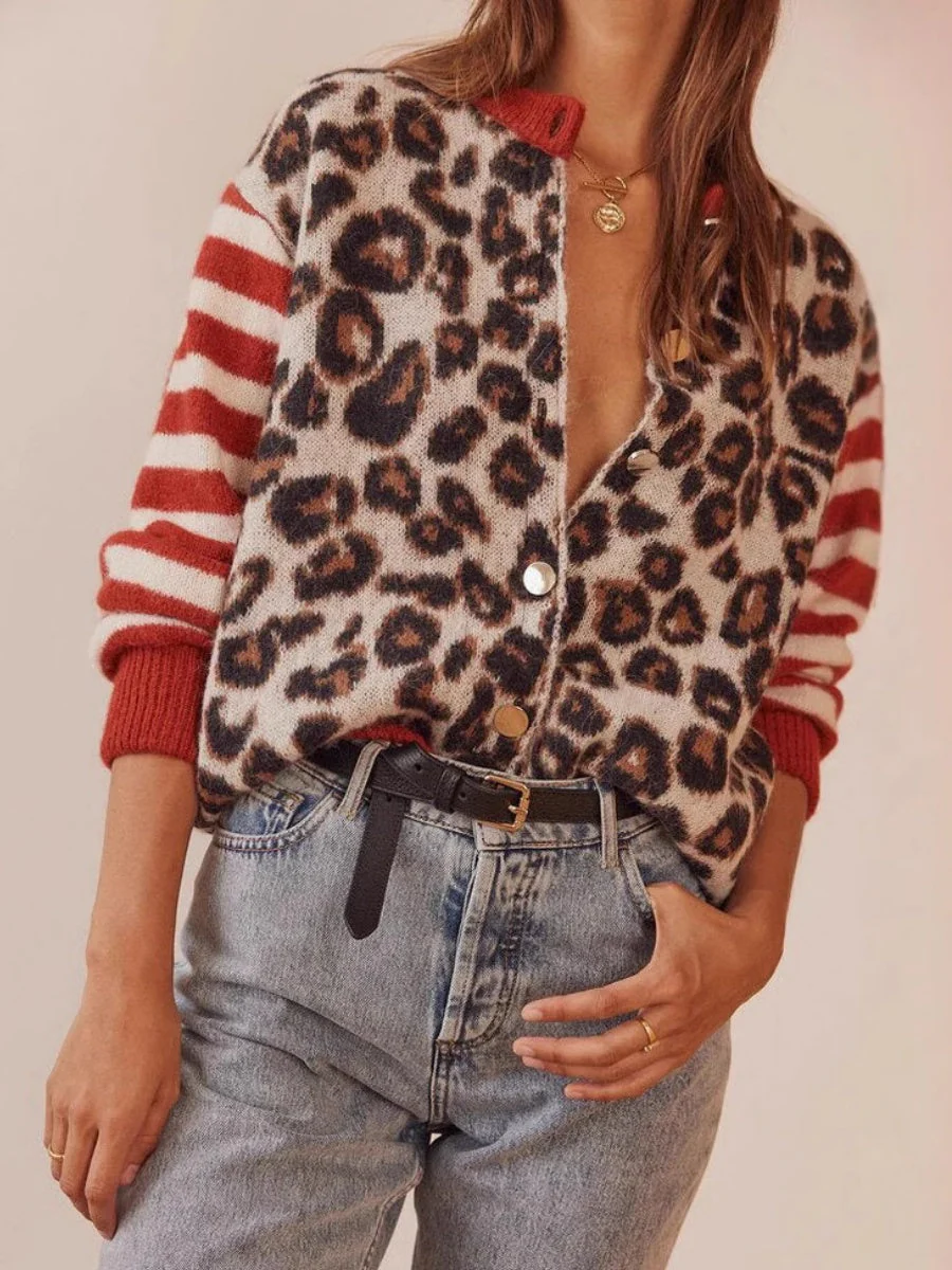Leopard Stripes Splicing Cardigans - Image 4