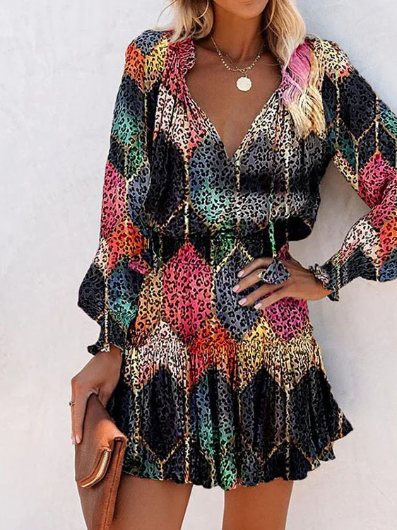 Long-sleeved V-neck Fashion Print Fitted Waist Short Dress - Image 3