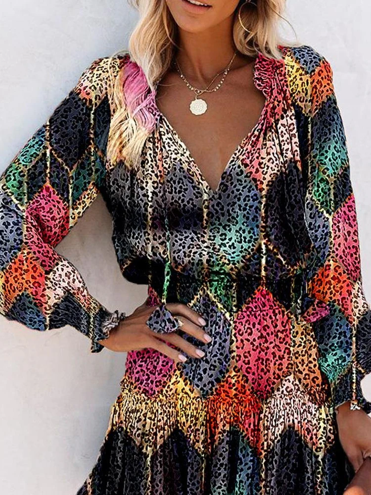 Long-sleeved V-neck Fashion Print Fitted Waist Short Dress - Image 4
