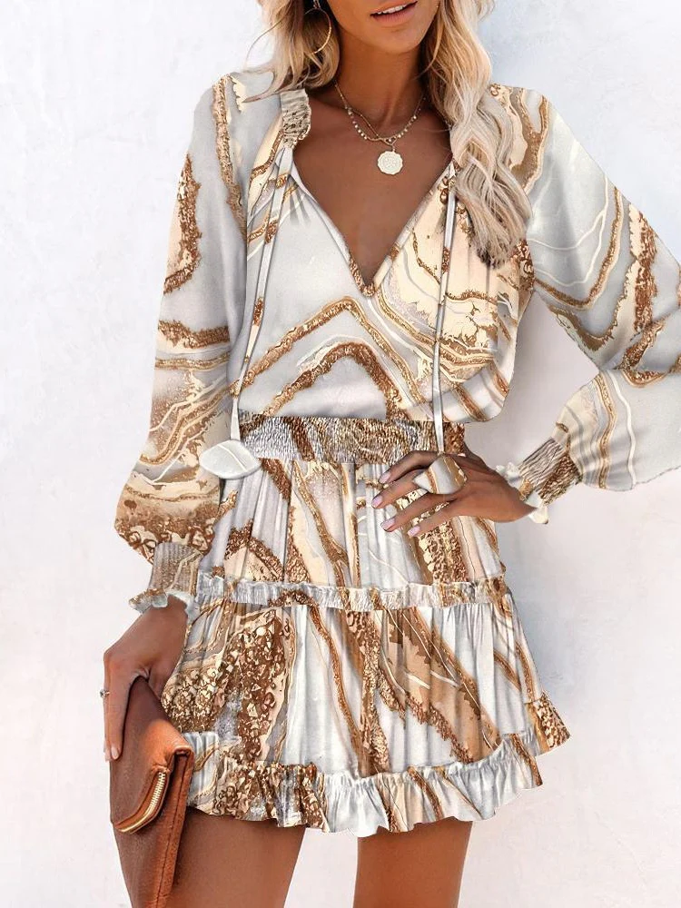Long-sleeved V-neck Fashion Print Fitted Waist Short Dress - Image 5