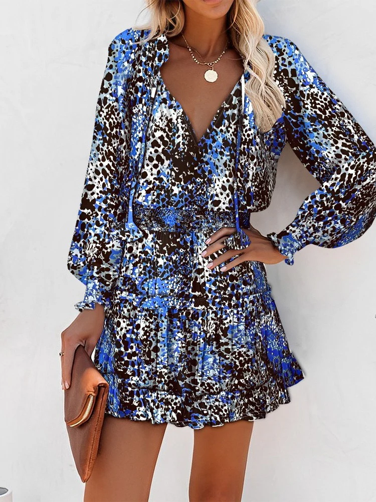 Long-sleeved V-neck Fashion Print Fitted Waist Short Dress - Image 6