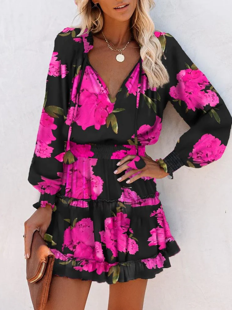 Long-sleeved V-neck Fashion Print Fitted Waist Short Dress - Image 7