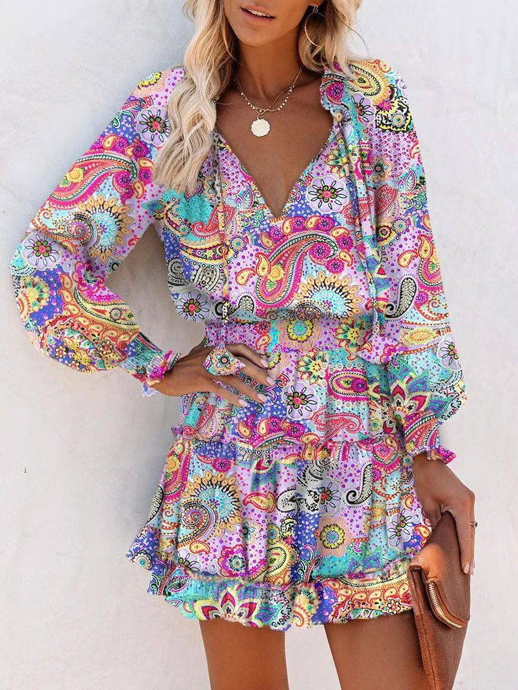 Long-sleeved V-neck Fashion Print Fitted Waist Short Dress - Image 8