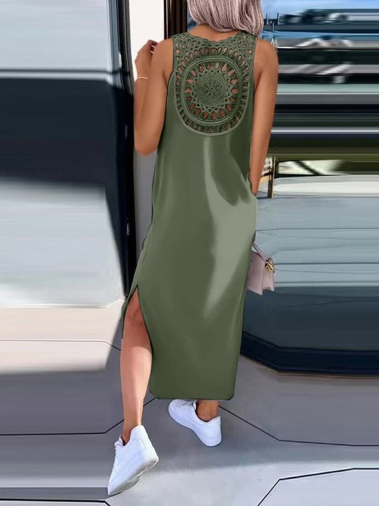 Simple Solid Color Sleeveless Long Dress With Openwork Floral Pattern On The Back - Image 12