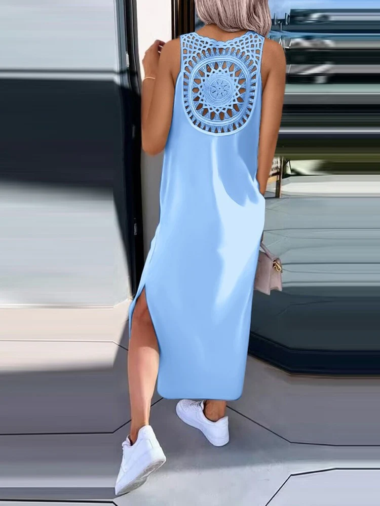 Simple Solid Color Sleeveless Long Dress With Openwork Floral Pattern On The Back - Image 14