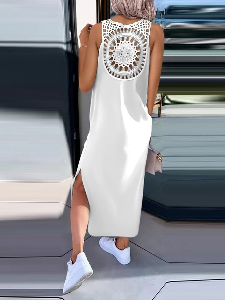 Simple Solid Color Sleeveless Long Dress With Openwork Floral Pattern On The Back - Image 2