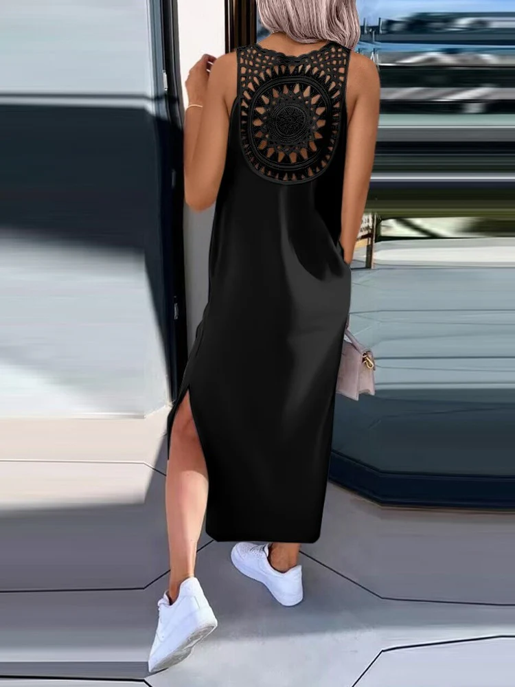Simple Solid Color Sleeveless Long Dress With Openwork Floral Pattern On The Back - Image 4