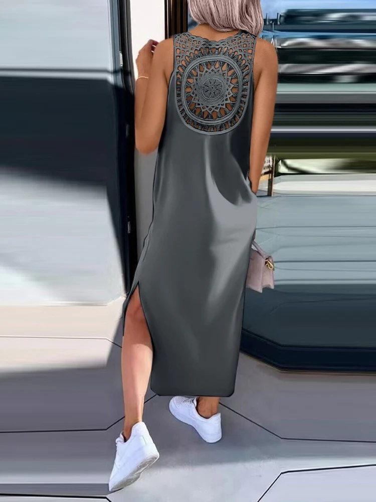 Simple Solid Color Sleeveless Long Dress With Openwork Floral Pattern On The Back - Image 6